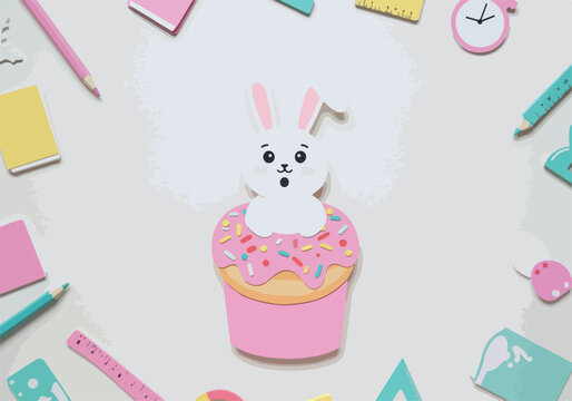 Cute Bunny Character On Pink Cupcake Vector Minimal Illustration