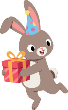 Cute Bunny Holding a Red Gift Box Wearing a Party Hat