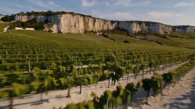 Aerial View of Lush Green Vineyards Stretching Towards Majestic White Cliffs Under a Blue Sky.