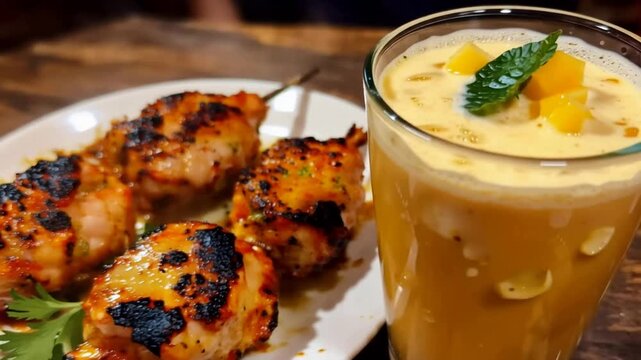 Delicious grilled chicken tikka skewers and refreshing mango lassi drink served on wooden table.