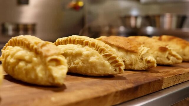Appetizing Close Up of Freshly Baked Golden Pastries Displayed on a Rustic Wooden Board.