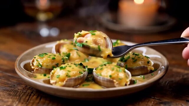 Close up of appetizing gourmet French escargots with butter and herbs, lifted by a fork.