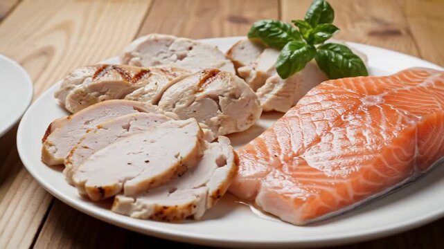 Raw minced meat and sliced cooked meat on white plates