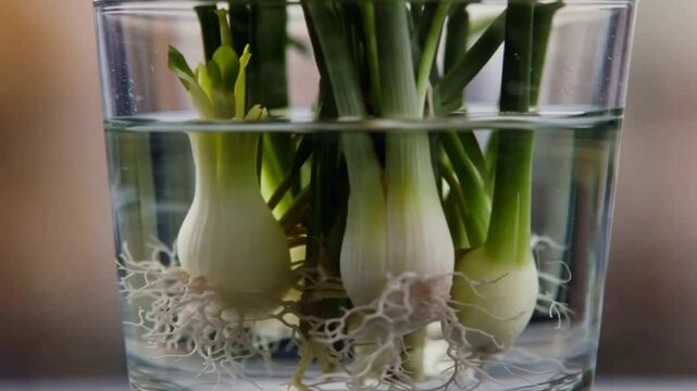 Fresh green onions regrowing in clear water glass, showing vibrant green shoots and white roots.