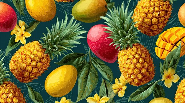 Seamless tropical fruit pattern with pineapple and mango