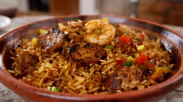 Close Up of Hot Delicious Jambalaya Dish with Shrimp, Sausage, and Colorful Peppers.