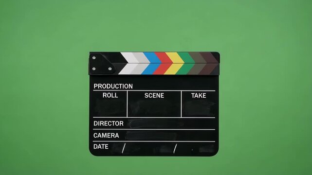 Classic black film clapperboard shutting with a decisive clap sound, indicating the start or end of a film production scene video.