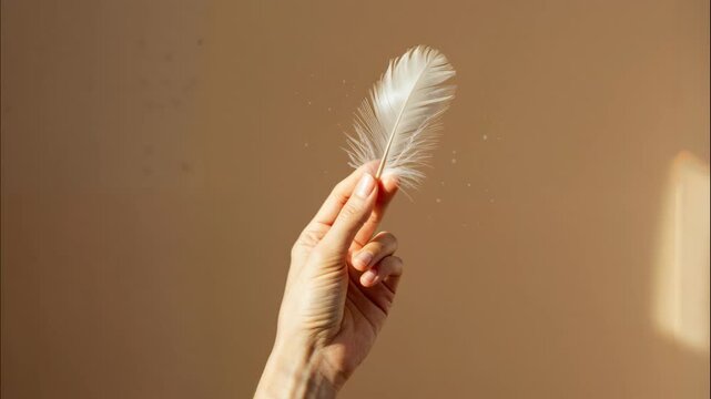Delicate Touch: A person's hand tenderly holds a pristine white feather, its intricate details beautifully illuminated by soft light, evoking feelings of lightness and serenity.