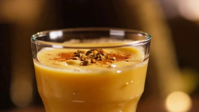 Refreshing creamy golden drink with spice and nut toppings in a glass close up.