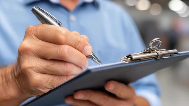 Precision in Detail: A close-up shot of a focused individual, his hands expertly maneuvering a pen to document important insights on a clipboard.