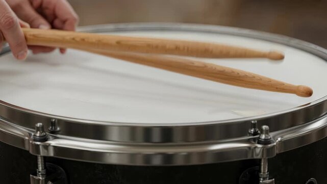 Rhythmic Resonance: A drummer's poised hands prepare to unleash a symphony on a sleek snare drum, with wooden drumsticks poised above the pristine surface, hinting at the energy to come.