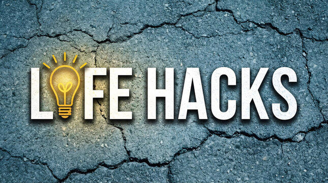 White text LIFE HACKS with a bright yellow glowing light bulb for the letter I on a dark cracked pavement background represents clever ideas and pract
