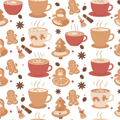 Obraz premium Cozy Christmas Coffee Cup Pattern with Gingerbread Cookies and Steam