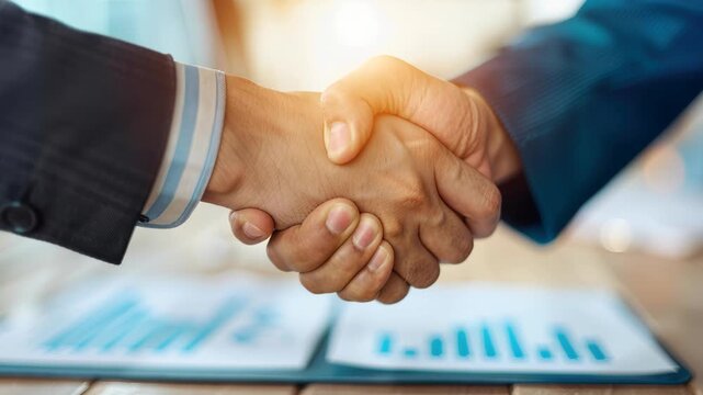 Handshake of Agreement: Two hands clasped in a firm handshake over business documents, symbolizing a deal sealed with trust and collaboration.