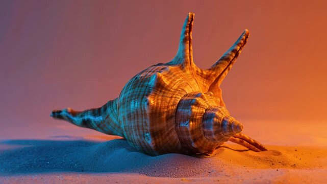 Seashell Serenity: A magnificent seashell rests gracefully on soft sand. Bathed in the interplay of vibrant colors, the shell's intricate form and texture are highlighted.