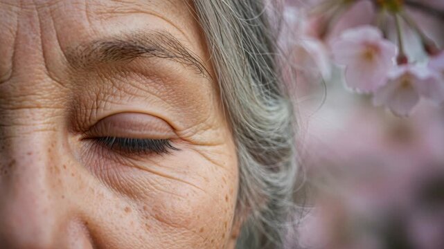Quiet Contemplation: Capturing the serene essence of aging, a close-up portrait showcases the beauty of time through the soft gaze of a closed eye, underscored by a serene calmness.