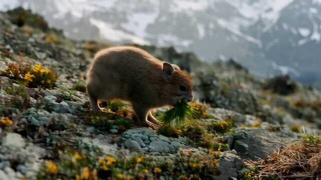 Adorable Wild Pika Eating Fresh Greenery on a Rugged Alpine Mountain Landscape.