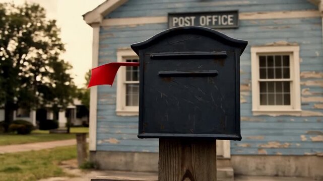 Nostalgic Scene Classic Mailbox with Raised Flag Against an Old Post Office Building.