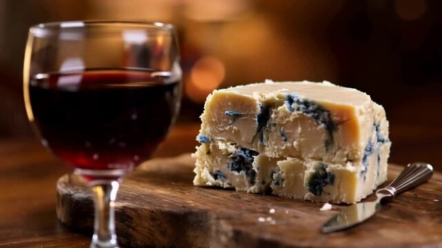 Elegant Red Wine and Gourmet Blue Cheese Appetizer, Perfectly Paired on a Rustic Wooden Board.