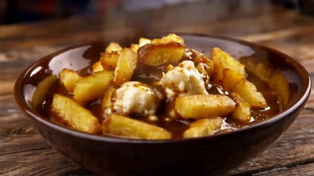 Steaming Hot Poutine Golden Fries, Melting Cheese Curds, and Savory Gravy in a Bowl.