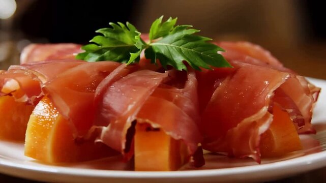 Appetizing fresh prosciutto slices wrapped around juicy cantaloupe melon, garnished with a green leaf.