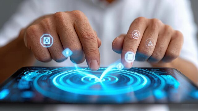 Digital Interaction: Hands interacting with a tablet interface, showcasing modern technology with futuristic interface and illuminated digital elements. 
