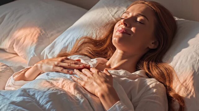 Relaxed woman sleeping peacefully in bed with warm morning light