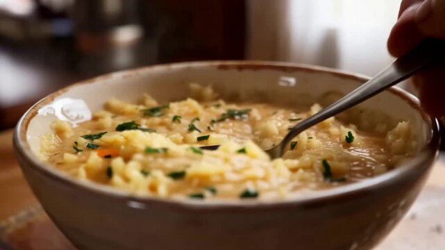 Spoon mixing creamy mashed potatoes with rich gravy and green parsley in a rustic bowl.