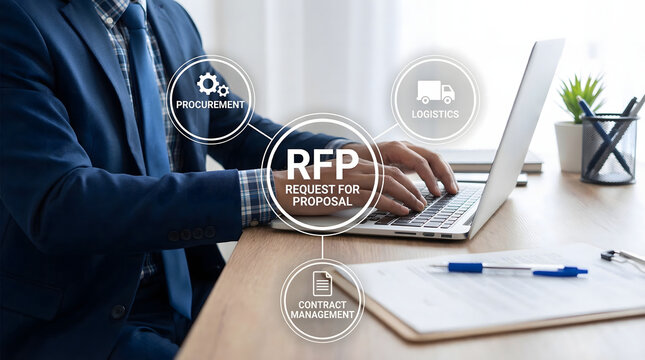 Focused business professional types on laptop managing RFP with procurement logistics and contract management on a bright office desk