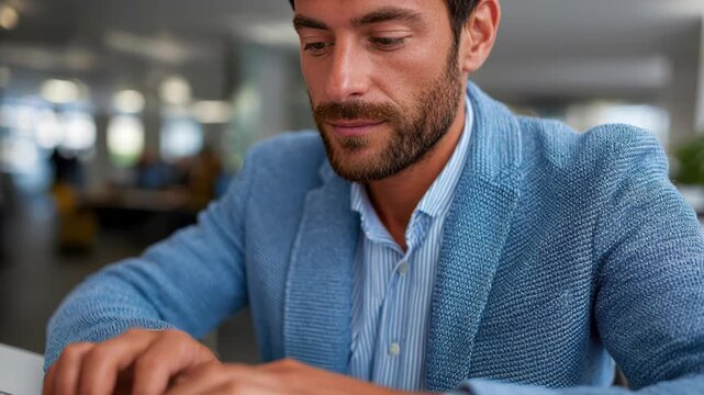 Focused Professional: A poised man, deep in concentration, types diligently on a device, reflecting dedication and expertise.