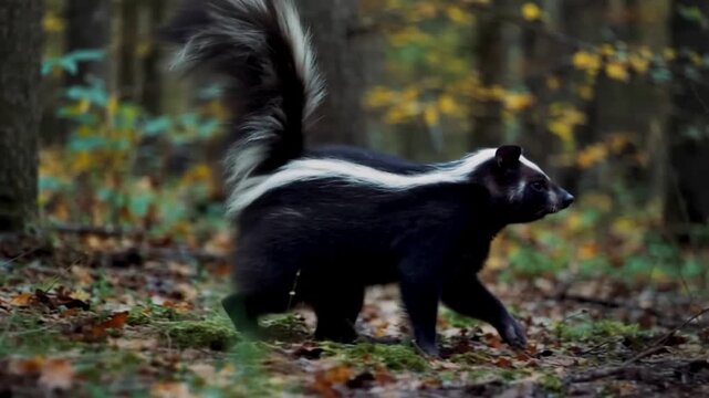 Wild Skunk with Distinctive White Stripe Walking Through Autumn Forest Floor.