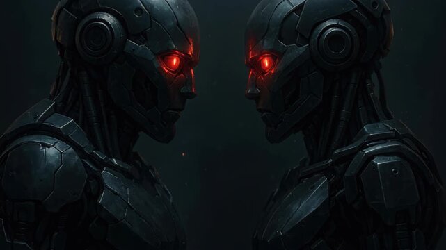 Cybernetic Entities: Two advanced cybernetic entities with piercing red eyes, embodying the cutting edge of futuristic technology and artificial intelligence, gaze intensely at each other.