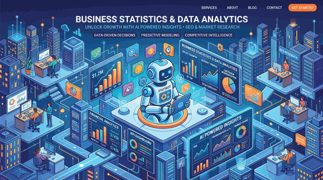 Futuristic isometric illustration of artificial intelligence robot analyzing financial data and business charts in virtual server room environment