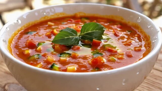 Vibrant Gazpacho Soup Bowl with Diced Tomatoes Zucchini and Bright Green Basil.
