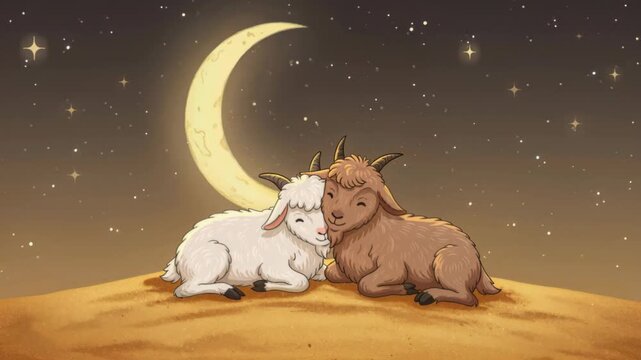 Love Under the Crescent Moon: A charming illustration depicts two adorable goats nestled together on a gentle hillside under a starry night sky with a luminous crescent moon. An ode to serenity.