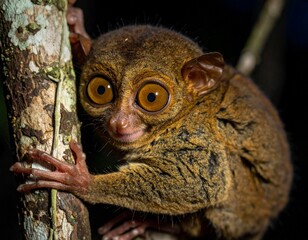 Captivating close-up of an adorable tarsier, a small nocturnal primate, with its distinctively large, luminous eyes, clinging to a tree in its dimly lit forest habitat