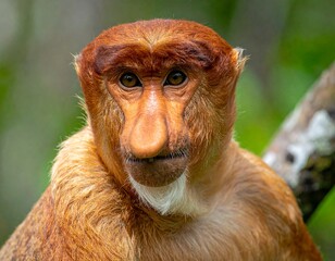 Naklejka premium Captivating close-up portrait of a striking male Proboscis monkey, showcasing its distinctive large nose and expressive eyes within its vibrant tropical habitat