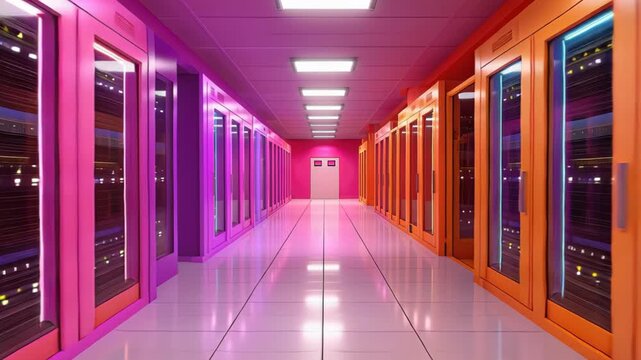 Data Center Corridor: A vibrant and modern data center corridor is illuminated with colorful lights, highlighting rows of server racks and creating a futuristic ambiance.
