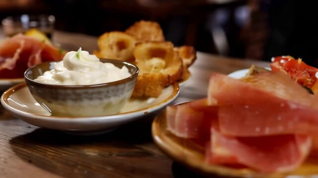 Gourmet creamy dip served with delicious appetizers and toasted bread on a rustic wooden table.
