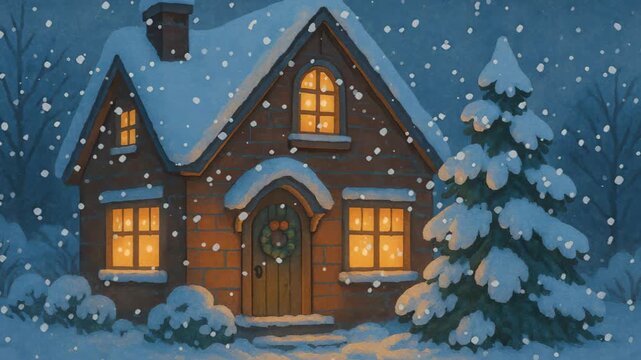 Cozy Cabin in Winter Wonderland: A charming cabin nestled in a snowy landscape, warmly lit windows offer a comforting glow amidst a tranquil snow flurry. 
