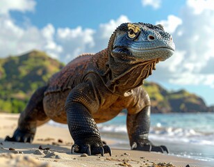 Fototapeta premium A Komodo dragon emerges from the shallow waves onto a sandy beach with a lush green hill in the background on a sunny day
