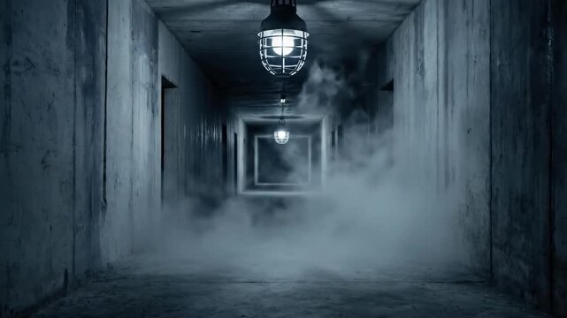 A moody, long tunnel filled with fog and dim lighting, evoking a sense of mystery and intrigue. Perfect for illustrating suspense or the unknown.