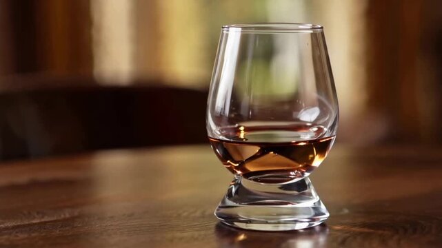 Elegant glass of golden amber whiskey sits on a warm, polished wooden table.