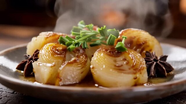 Delicious Caramelized Onions Steaming on a Plate with Star Anise and Fresh Chives.