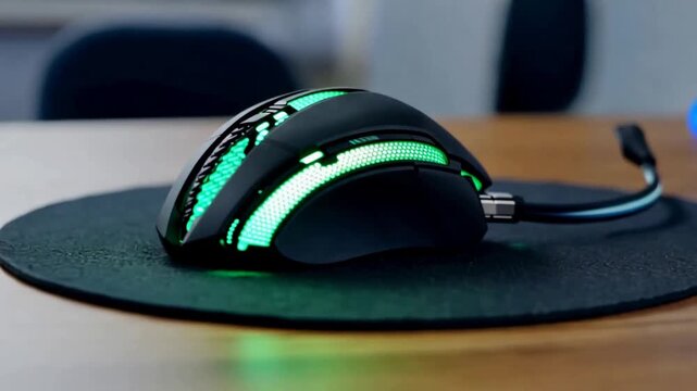 Modern Black Gaming Mouse with Vibrant Green LED Lights on Dark Mousepad, Close Up.