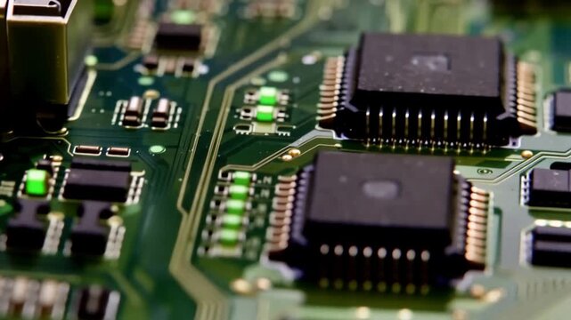 Macro Close Up of a Modern Green Computer Circuit Board with Integrated Microchips.