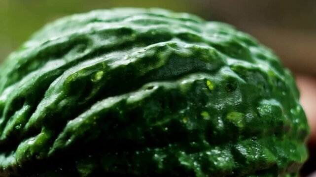 Refreshing Close Up of Bumpy Green Gourd Skin with Sparkling Water Droplets.