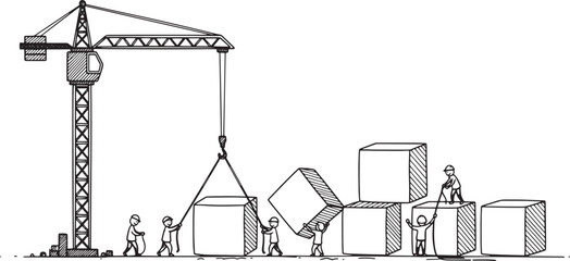 Building a tall construction site with a large crane and little people moving heavy blocks in a hand-drawn vector illustration doodle art