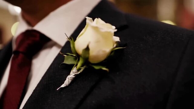 Elegant White Rose Boutonniere Adorns Grooms Dark Suit for a Sophisticated Wedding Celebration.