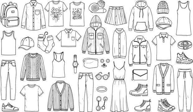 Large collection of casual apparel fashion accessories and clothing items for seasonal wardrobe planning hand drawn vector illustration doodle art